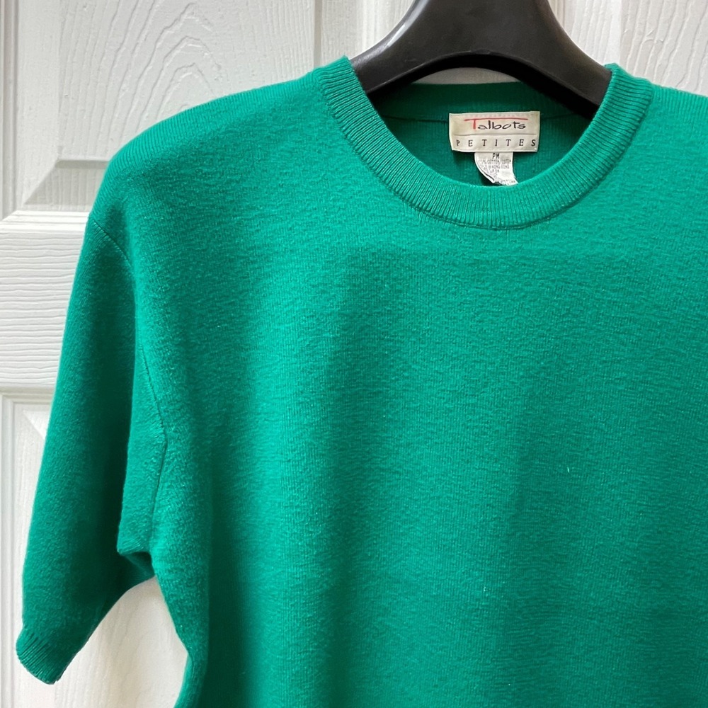 Vintage Talbots Petites Women's Sz PM Green Cotton Short Sleeve Sweater Top